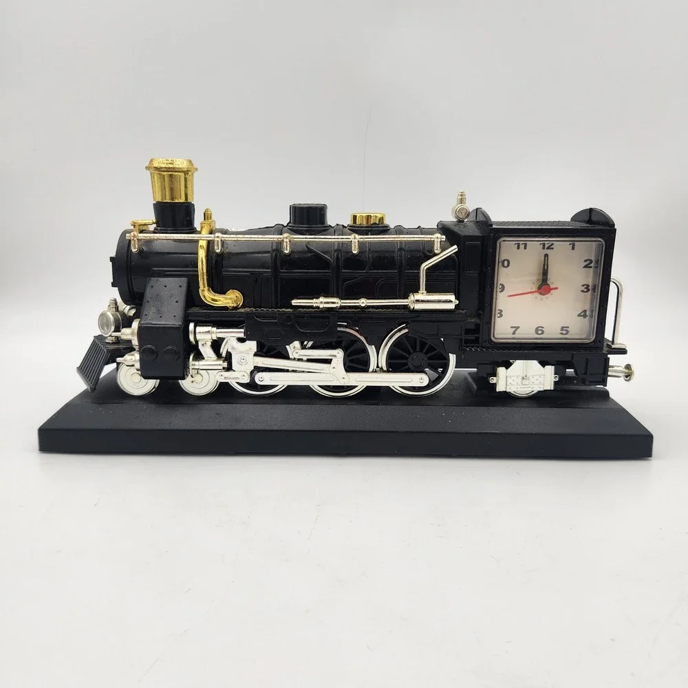 Vintage Steam Locomotive Train Desk Clock Black Gold Silver Tone Decor 11 Inch